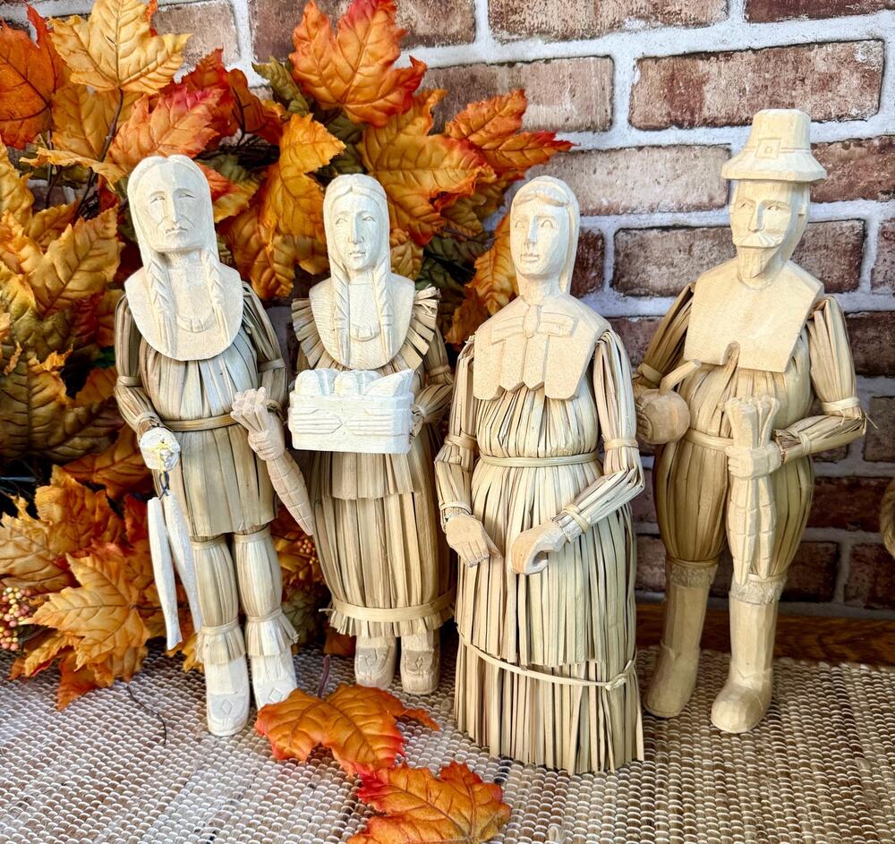 Vintage Corn Husk Thanksgiving Figurines | Pilgrim Native American Harvest Dolls